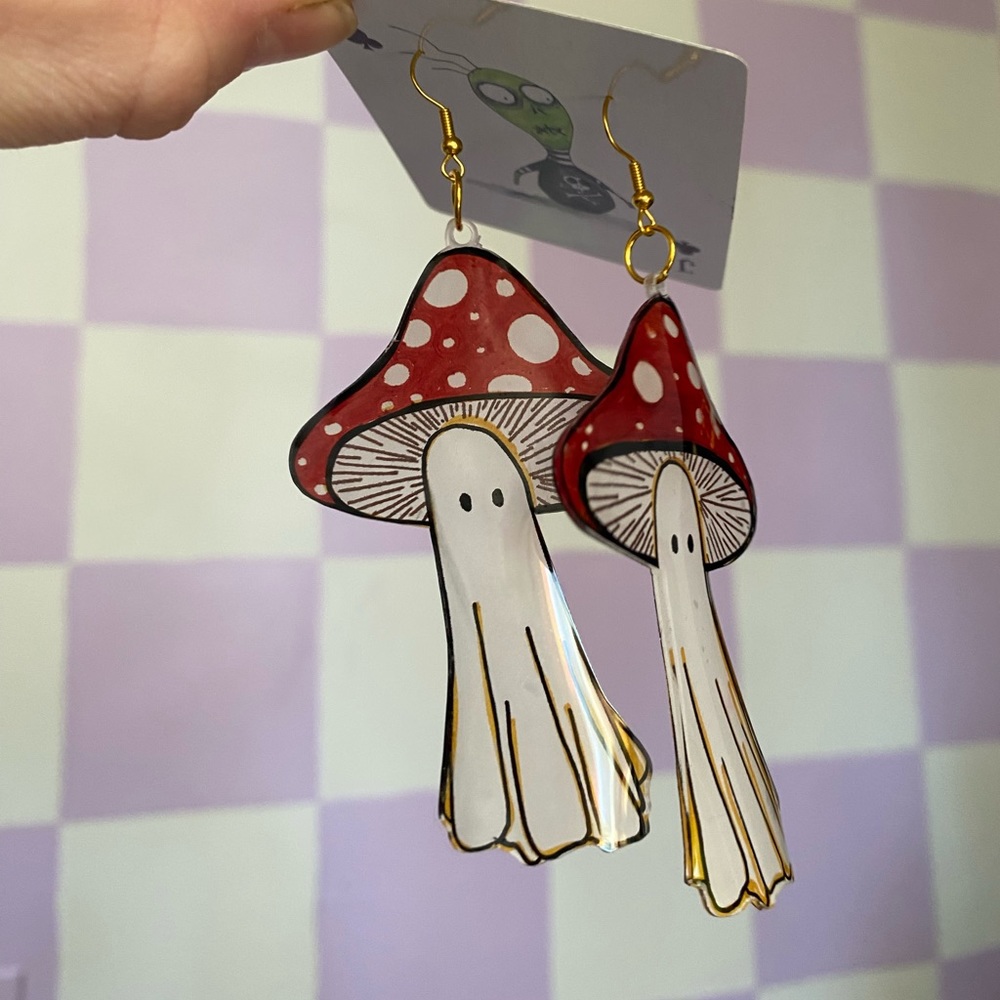 *3 for $12* Handmade Recycled Plastic Ghost Mushroom Earrings - Picture 5 of 7